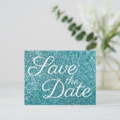 Glam Aquamarin Glitzer Foto Save the Date Postkarte (Stehend Vorderseite)
