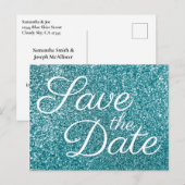 Glam Aquamarin Glitzer Foto Save the Date Postkarte (Vorne/Hinten)