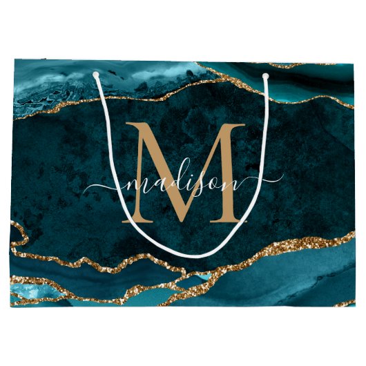 Glam Aquamarin Green Gold Glitzer Agate Geode Mono Große Geschenktüte (Rückseite)