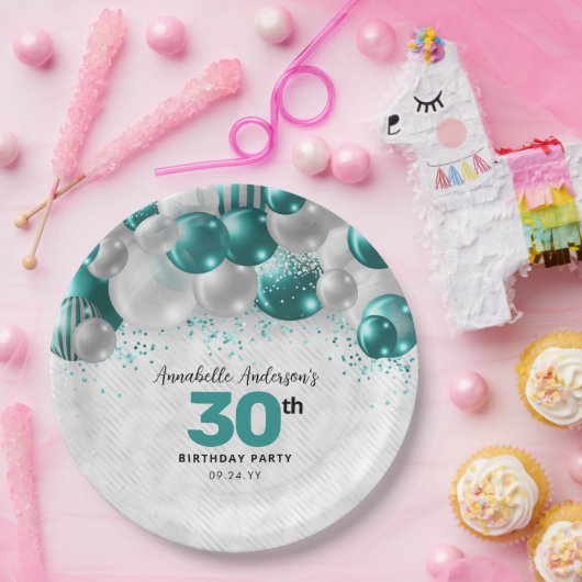 Glam Aquamarin Green Silver Ballon Glitzer Geburts Pappteller (Party)