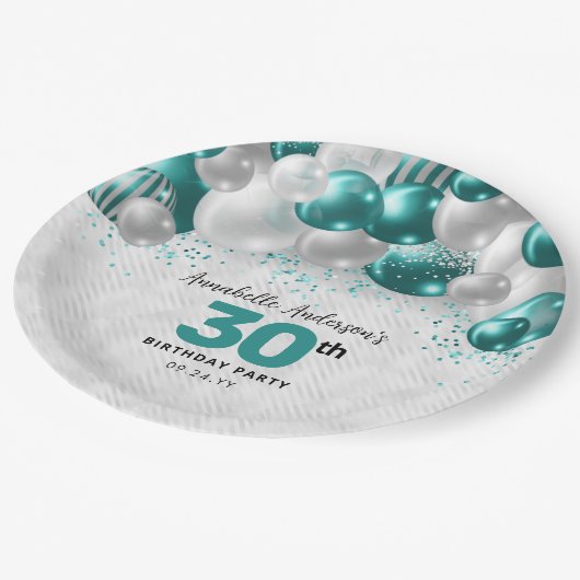 Glam Aquamarin Green Silver Ballon Glitzer Geburts Pappteller (Schrägansicht)