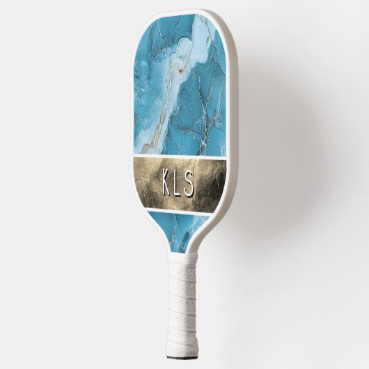 Glam Aquamarin Marble Gold Foil Monogram Pickleball Schläger (Links)