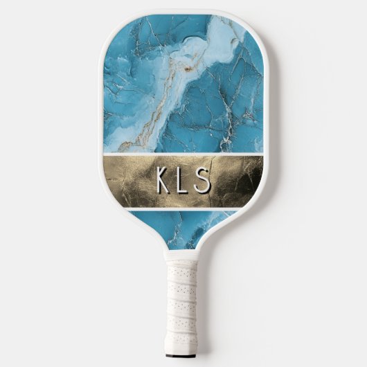 Glam Aquamarin Marble Gold Foil Monogram Pickleball Schläger (Rückseite)