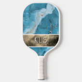 Glam Aquamarin Marble Gold Foil Monogram Pickleball Schläger (Vorderseite)