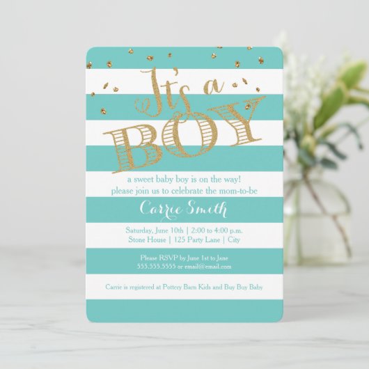 Glam Aquamarin Rugby Stripe Boy Kinderdusche Einla Einladung (Stehend Vorderseite)