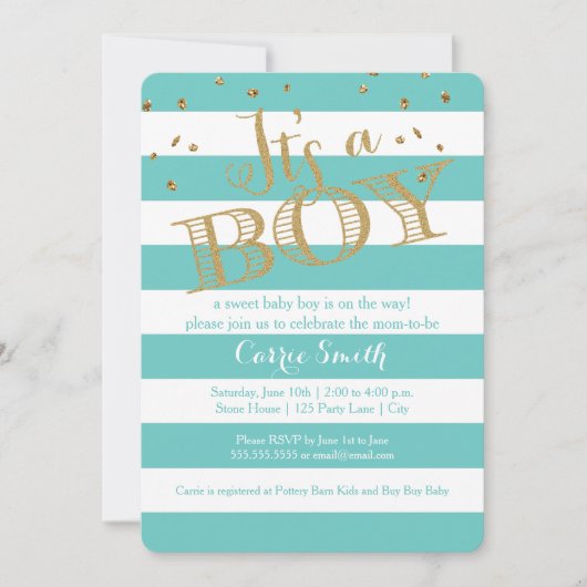 Glam Aquamarin Rugby Stripe Boy Kinderdusche Einla Einladung (Vorderseite)