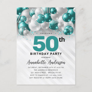 Glam Aquamarin Silver Balloon Glitzer 50. Geburtst Postkarte