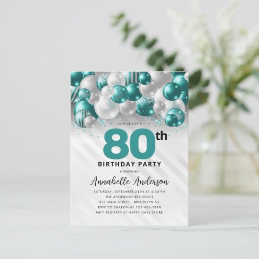 Glam Aquamarin Silver Balloon Glitzer 80. Geburtst Postkarte (Stehend Vorderseite)