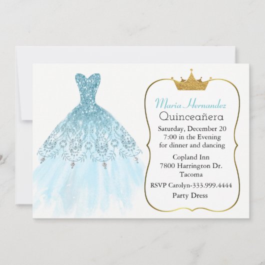 Glam Aquamarine Gown Quinceñera Einladung (Vorderseite)