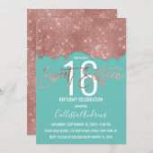 Glam Aquamarine Rose Gold Glitzer Farbblock Sweet Einladung (Vorne/Hinten)