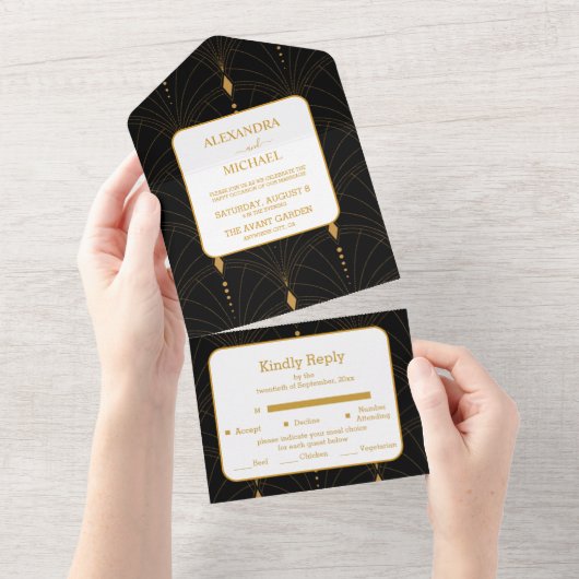 Glam Art Deco Black Gatsby 1920s Style Wedding All In One Einladung (Abreißen)