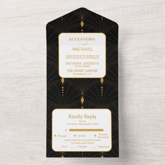 Glam Art Deco Black Gatsby 1920s Style Wedding All In One Einladung (Innen Boden)