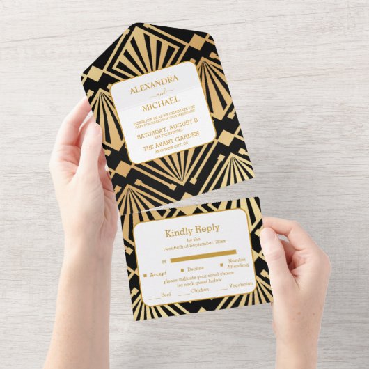Glam Art Deco Black Gatsby 1920s Style Wedding All In One Einladung (Abreißen)