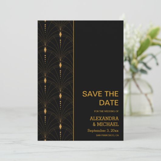 Glam Art Deco Black Gatsby 1920s Style Wedding Save The Date (Stehend Vorderseite)
