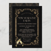 Glam Art Deco Black Gold 20er Silvester Party Einladung (Vorne/Hinten)