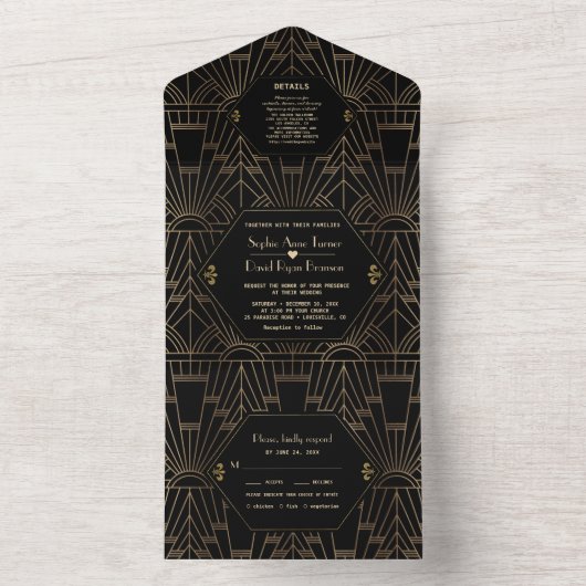 Glam Art Deco Große Hochzeit von Gatsby 20 All In One Einladung (Innen Boden)