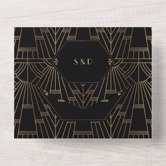 Glam Art Deco Große Hochzeit von Gatsby 20 All In One Einladung (Rückseite)