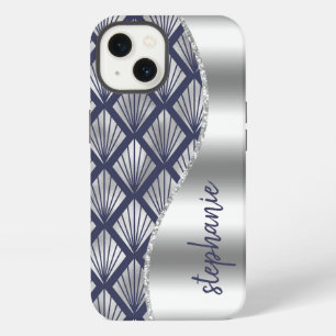 Glam Art Deco Muster Silber Navy Blau Name iPhone 13 Hülle