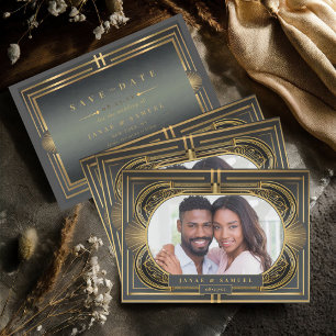 Glam Art Deco Wedding Foto Black/Gold ID1033 Save The Date