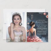 Glam Ball Gown Spark Dark Navy Blue Quinceanera Einladung (Vorderseite)