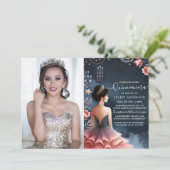 Glam Ball Gown Spark Dark Navy Blue Quinceanera Einladung (Stehend Vorderseite)