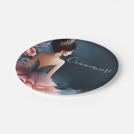 Glam Ball Gown Spark Dark Navy Blue Quinceanera Pappteller (Schrägansicht)