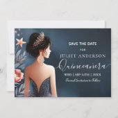 Glam Ball Gown Spark Dark Navy Blue Quinceanera Save The Date (Vorderseite)