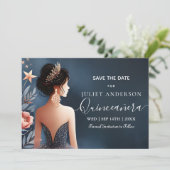 Glam Ball Gown Spark Dark Navy Blue Quinceanera Save The Date (Stehend Vorderseite)
