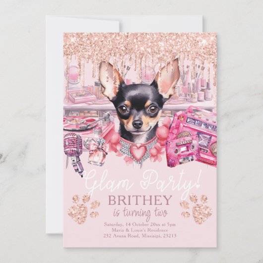 Glam Birthday Elegante Dog Glitzer Einladung (Vorderseite)