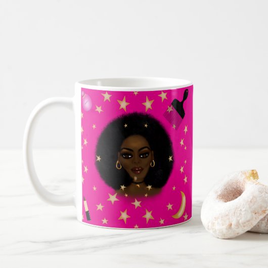 Glam Black Afro Hair Pic Lippenstift Rosa Mond Kaffeetasse (Mit Donut)