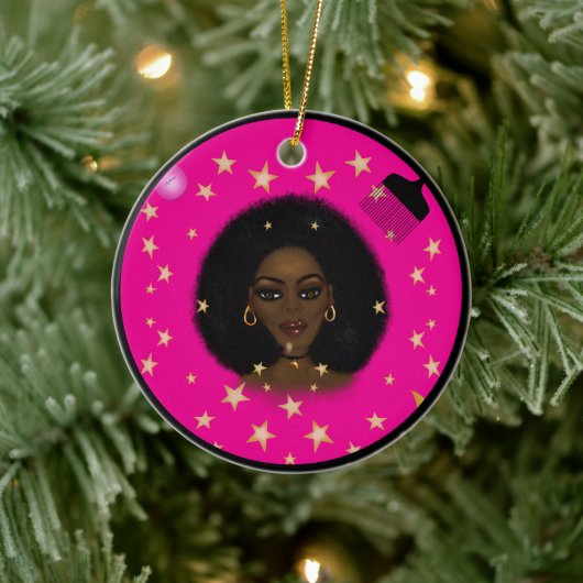 Glam Black Afro Hair Pic Lippenstift Rosa Mond Keramik Ornament (Baum)