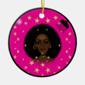 Glam Black Afro Hair Pic Lippenstift Rosa Mond Keramik Ornament (Vorne)