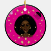 Glam Black Afro Hair Pic Lippenstift Rosa Mond Keramik Ornament (Hinten)