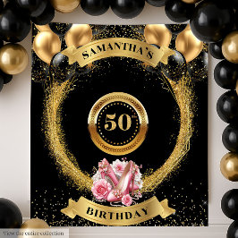 Glam Black Balloons Banner mit rosa High Heels Wandteppich