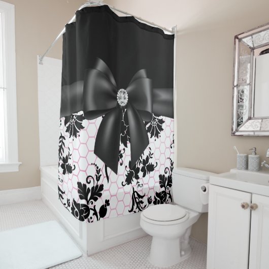 Glam Black Bow-Black Stencil-White Pink Duschvorhang (Beispiel)