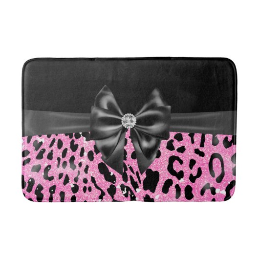 Glam Black Bow Diamond Pink Glitzer Leopard Badematte (Vorderseite)