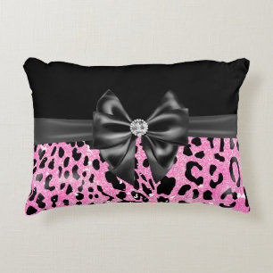 Glam Black Bow Diamond Pink Glitzer Leopard Dekokissen