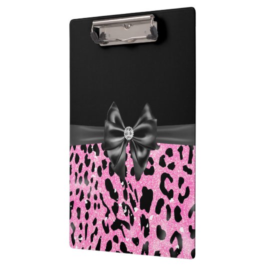 Glam Black Bow Diamond Pink Glitzer Leopard Klemmbrett (Links)