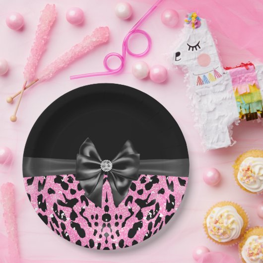 Glam Black Bow Diamond Pink Glitzer Leopard Pappteller (Party)