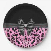 Glam Black Bow Diamond Pink Glitzer Leopard Pappteller (Vorderseite)