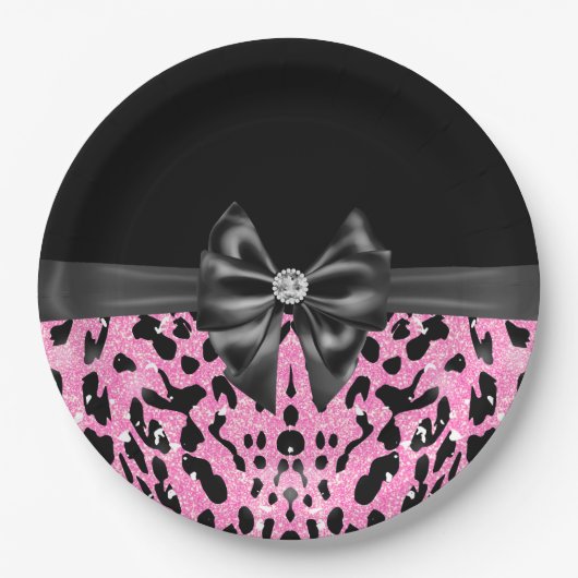 Glam Black Bow Diamond Pink Glitzer Leopard Pappteller (Vorderseite)