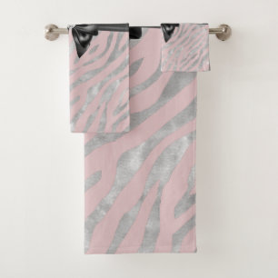 Glam Black Bow Diamond Pink Silver Zebra Print Badhandtuch Set