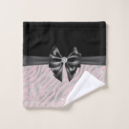 Glam Black Bow Diamond Pink Silver Zebra Print Badhandtuch Set (Waschlappen)