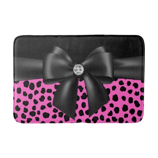 Glam Black Bow-Pink Leopard Print Black Badematte (Vorderseite)