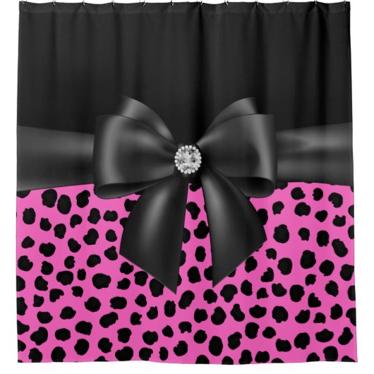 Glam Black Bow-Pink Leopard Print Black Duschvorhang (Vorderseite)