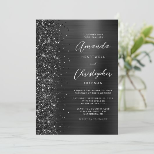 Glam Black Brushed Metal Glitzer Script Wedding Einladung (Stehend Vorderseite)