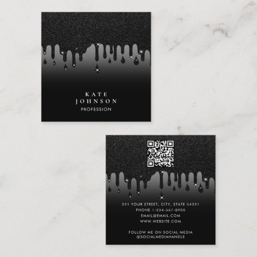 Glam Black Driving Glitzer QR Code Social Media Quadratische Visitenkarte (Vorne/Hinten)