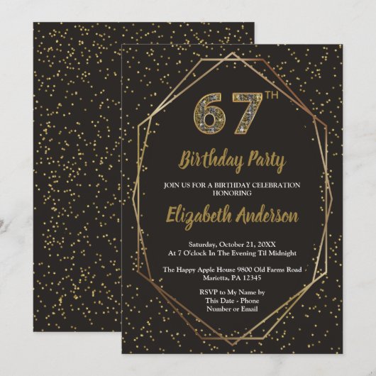 Glam Black Gold 67. Geburtstagsfeier Einladung (Vorne/Hinten)