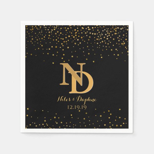 Glam Black Gold Confetti Wedding | Chic Monogram Serviette (Vorderseite)