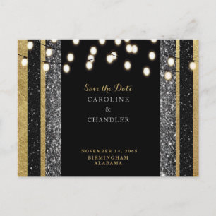 Glam Black & Gold Glitter-Lichter Save-the-Date An Ankündigungspostkarte